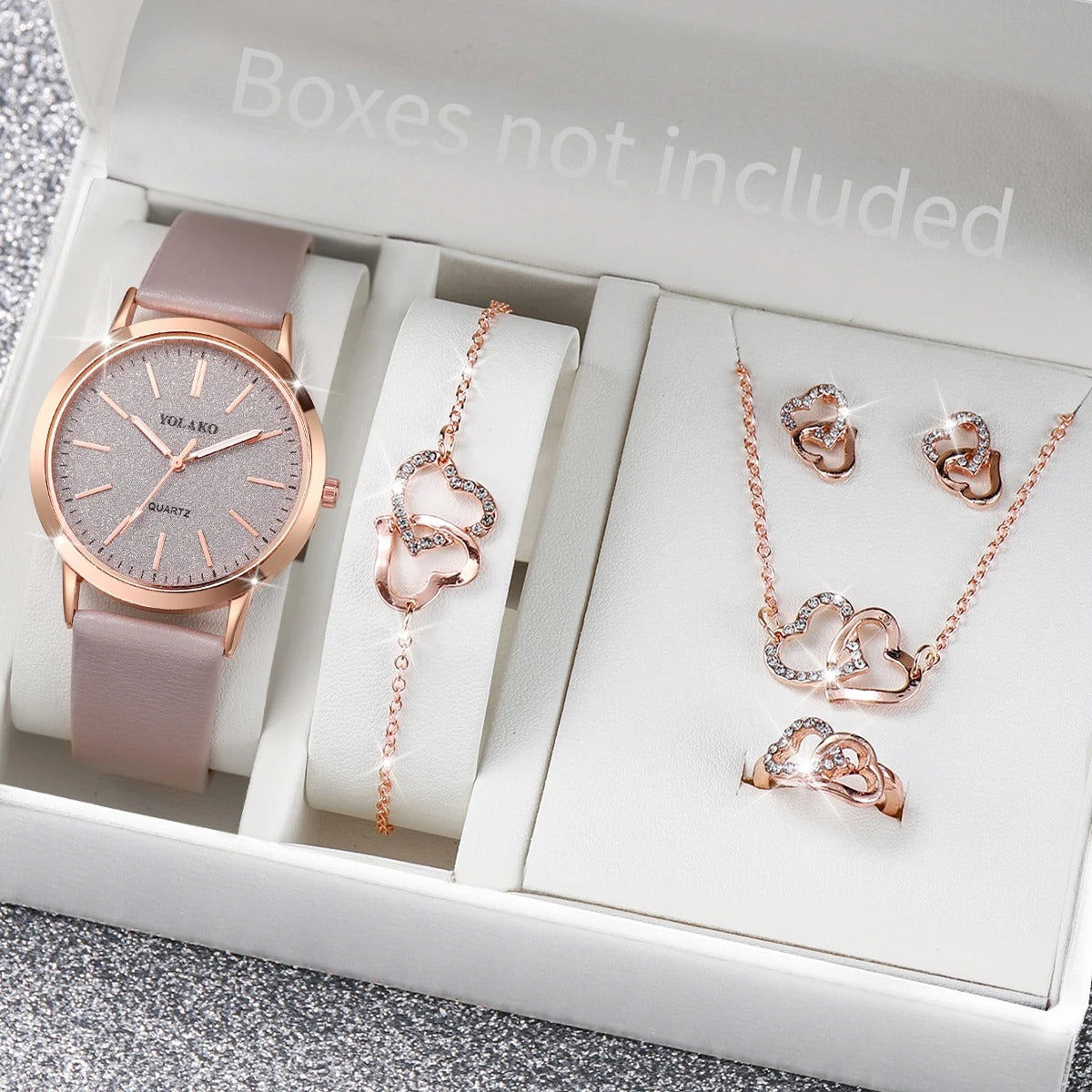 6pcs/set Women Leather Band Quartz Watch and Lover